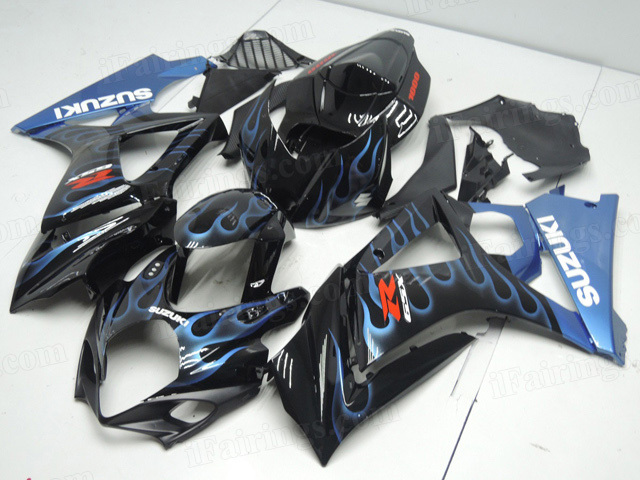 2007 2008 Suzuki GSXR1000 black fairings with blue ghost flame. - Click Image to Close
