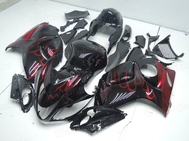 2008 to 2017 Suzuki GSXR 1300 Hayabusa black fairings with red flame. - Click Image to Close