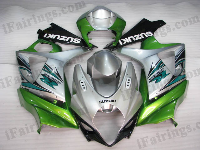 Custom fairings for 2007 2008 GSXR1000 silver/green graphic. - Click Image to Close