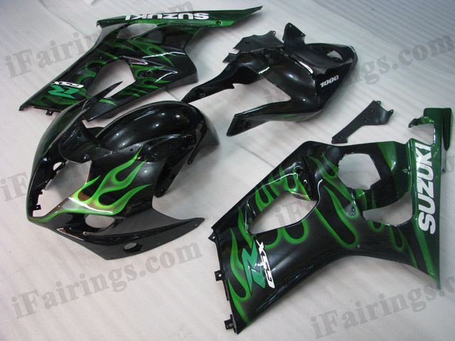 GSXR1000 2003 2004 black and green flame fairings, 2003 2004 GSXR1000 decals. - Click Image to Close