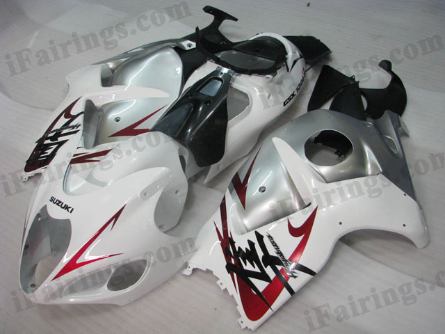 Hayabusa fairings for GSXR1300 1999 to 2007 white and silver graphic.