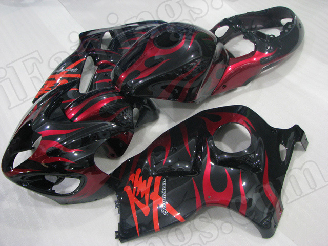 Motorcycle fairings/body kits for 1999 to 2007 Suzuki Hayabusa GSXR 1300 black and red flame. - Click Image to Close