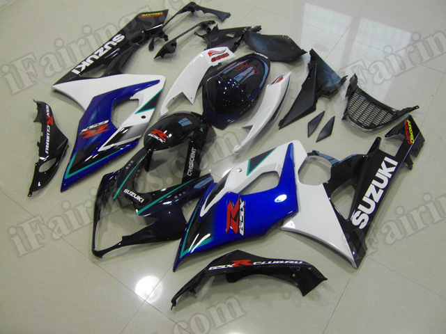 Motorcycle fairings/body kits for 2005 2006 Suzuki GSXR 1000 blue, white and black.
