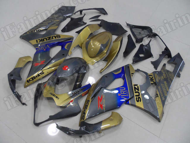 Motorcycle fairings/body kits for 2005 2006 Suzuki GSXR 1000 gold and grey VIRU graphic.