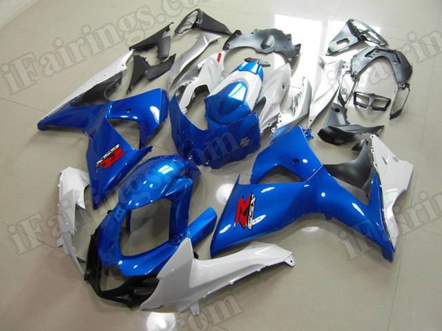 Motorcycle fairings/body kits for 2009 to 2014 Suzuki GSXR1000 blue and white scheme.