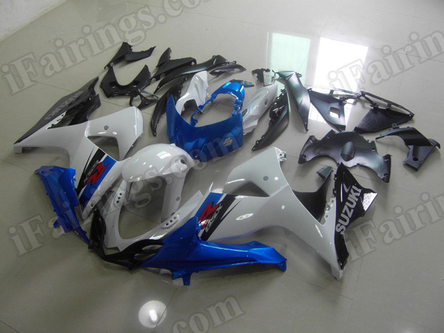 Motorcycle fairings/body kits for 2009 to 2014 Suzuki GSXR1000 white, blue and black.