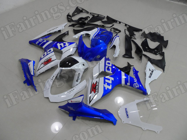 Motorcycle fairings/body kits for 2009 to 2014 Suzuki GSXR1000 blue and white.