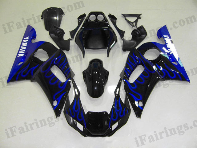 1999 to 2002 YZF R6 black and blue flame fairing kits - Click Image to Close
