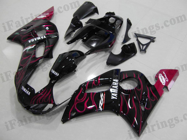1999 to 2002 YZF R6 black and pink flame fairings - Click Image to Close