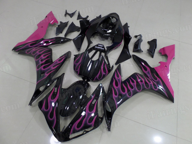 2004 2005 2006 Yamaha YZF R1 black fairing kits with pink ghost flame. - Click Image to Close