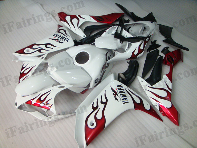 2007 2008 Yamaha YZF-R1 white and red flame fairing kits. - Click Image to Close