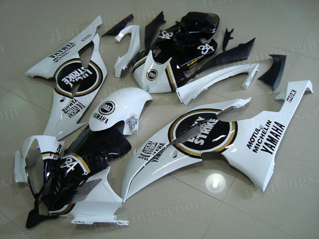 2008 to 2015 Yamaha YZF R6 white and black lucky strike fairing kits.