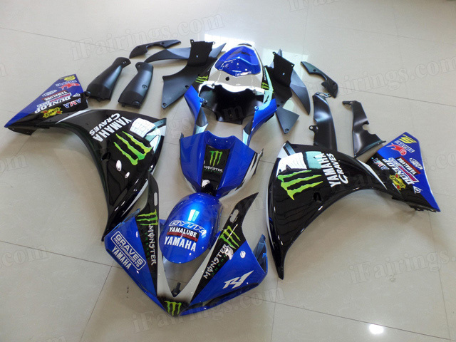 2009 2010 2011 Yamaha YZF R1 blue and black monster graphic fairing kits. - Click Image to Close