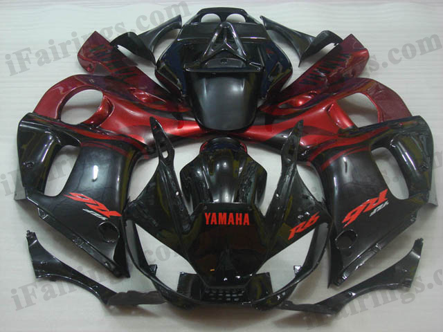 aftermarket fairings for 1999 to 2002 YZF R6 red and black flame graphics.