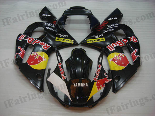 Custom fairings for 1999 to 2002 YZF R6 black red bull graphics. - Click Image to Close