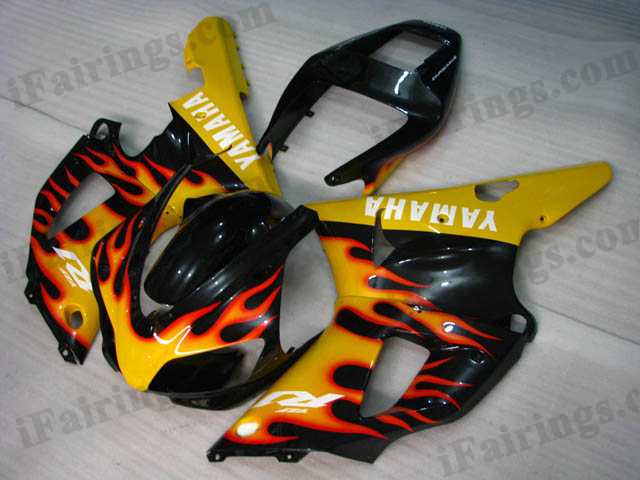 Custom fairing kits for 1998 1999 YZF R1 black and yellow flame scheme.