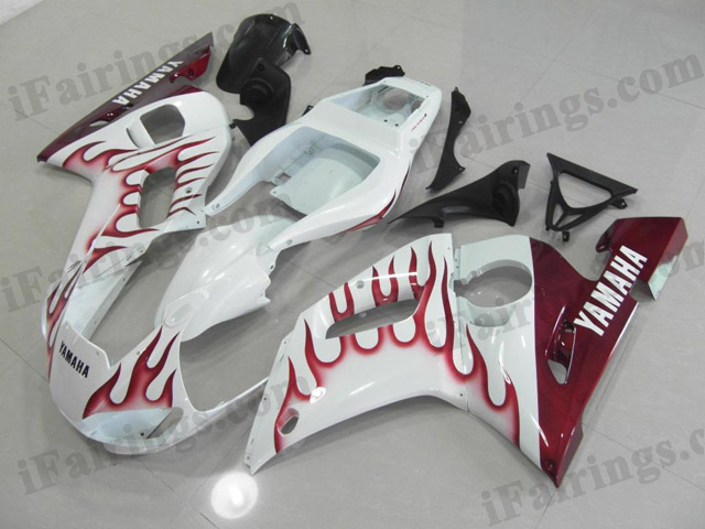 Custom fairings for 1999 to 2002 YZF R6 white/red flame scheme.