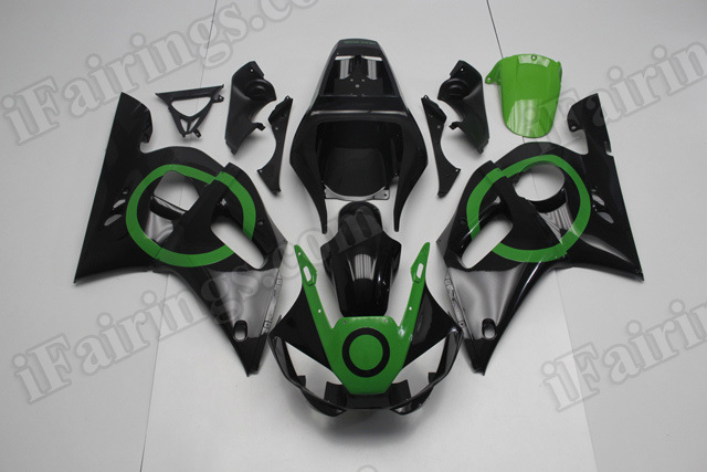 Motorcycle fairings/body kits for 1999 to 2002 Yamaha YZF R6 black and green.