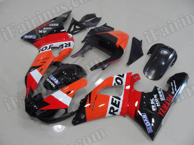 Motorcycle fairings/body kits for 2000 2001 Yamaha YZF R1 Repsol color scheme.