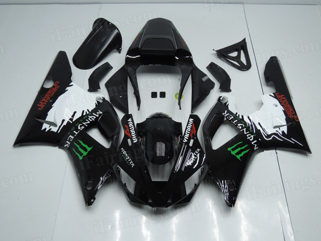 Motorcycle fairings/body kits for 2000 2001 Yamaha YZF R1 black with monster symbol.