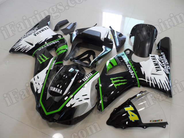 Motorcycle fairings/body kits for 2000 2001 Yamaha YZF R1 white, black with green line.