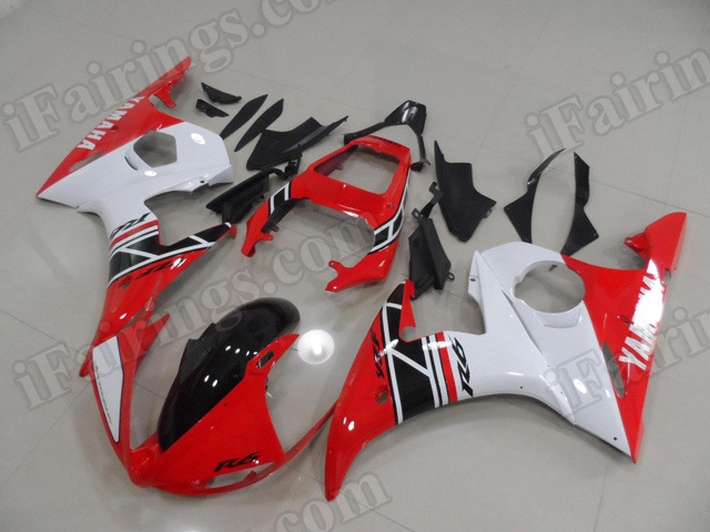 Motorcycle fairings/body kits for 2003 2004 2005 Yamaha YZF R6 red, white and black.