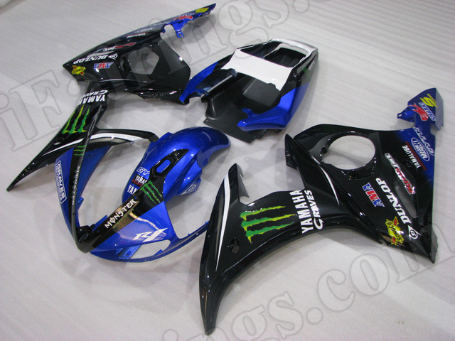 Motorcycle fairings/body kits for 2003 2004 2005 Yamaha YZF R6 blue and black monster paint. - Click Image to Close