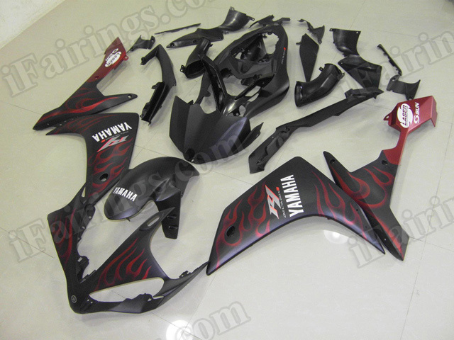 Motorcycle fairings/body kits for 2007 2008 Yamaha YZF R1 matte black with matte flame. - Click Image to Close