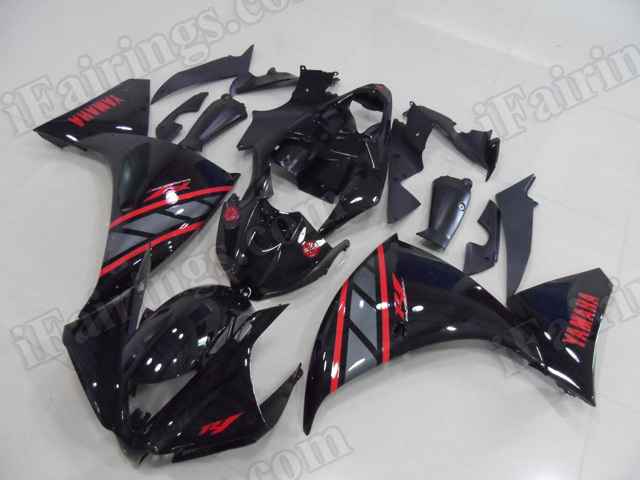 Motorcycle fairings/body kits for 2012 2013 2014 Yamaha YZF R1 glossy black with red stickers. - Click Image to Close