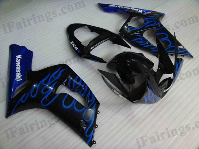 2003 2004 ZX6R 636 black and blue flame fairing kits - Click Image to Close