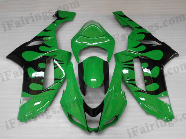 2007 2008 Kawasaki ZX6R Ninja green and black flame fairing kits.