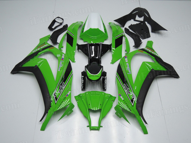 2011 to 2015 Kawasaki Ninja ZX10R green and black fairing kits.