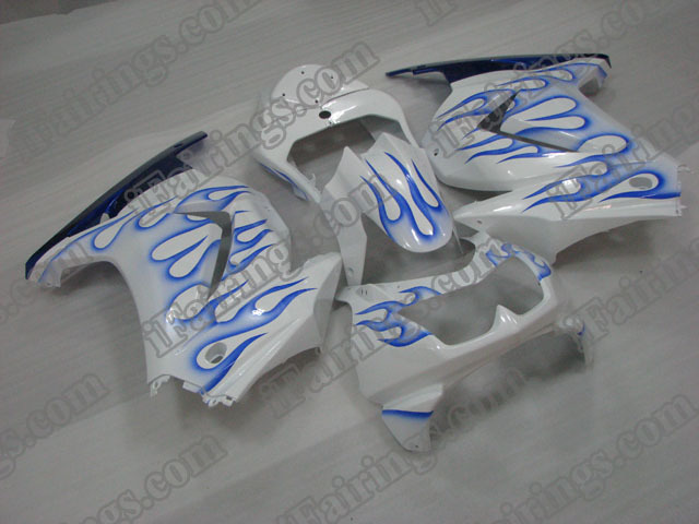 2008 to 2012 Ninja 250R white and blue flame fairing kits - Click Image to Close