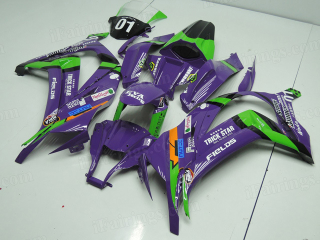 2011 to 2015 Kawasaki Ninja ZX10R purple and green fairing kit. - Click Image to Close