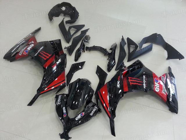 2013 2014 2015 Kawasaki Ninja 300 black and red monster graphic fairings.