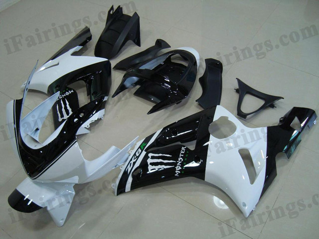 aftermarket fairings for 2003 2004 ZX6R Ninja white/black monster decals.