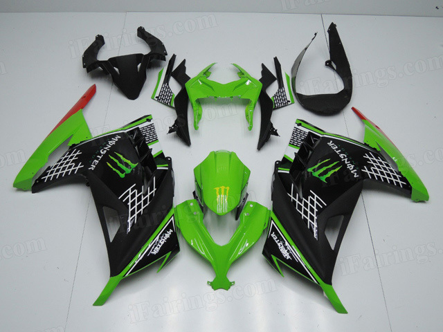 2013 2014 2015 Kawasaki Ninja 300 green and black fairings with monster symbol.