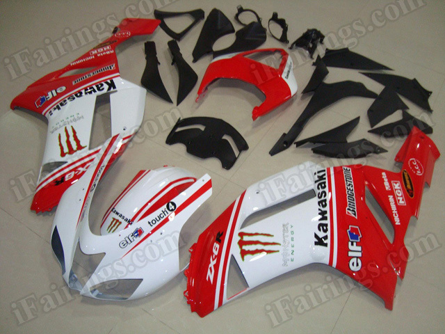 Custom fairing kits for Kawasaki ZX6R Ninja 636 2007 2008 red and white with monster logos.