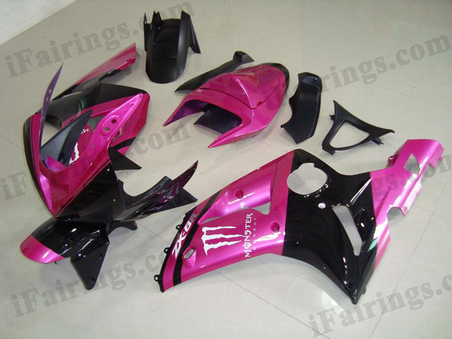 Custom fairings for 2003 2004 ZX6R Ninja pink/black monster decals.