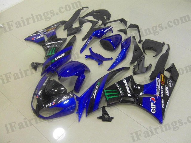 aftermarket fairings for 2009 2010 2011 2012 Ninja ZX6R 636 blue/black Monster decals. - Click Image to Close