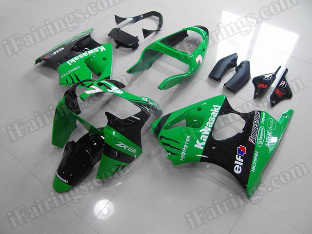aftermarket fairings for Kawasaki Ninja ZX6R 2000 2001 2002 green and black Monster. - Click Image to Close