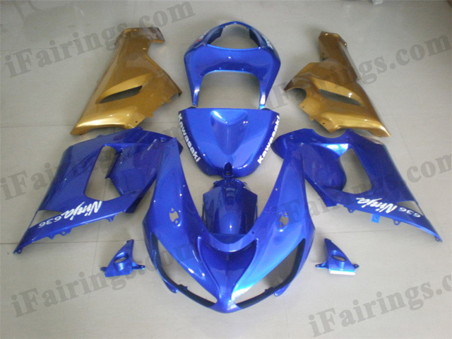 Custom fairings for Ninja 2005 2006 ZX6R blue/gold graphics.