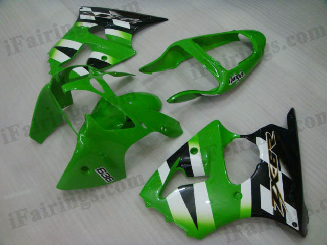 Aftermarket fairings for Kawasaki Ninja ZX6R 2000 2001 2002 green and black scheme. - Click Image to Close