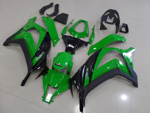 Motorcycle fairings for 2011 to 2015 Kawasaki Ninja ZX10R green/black scheme.