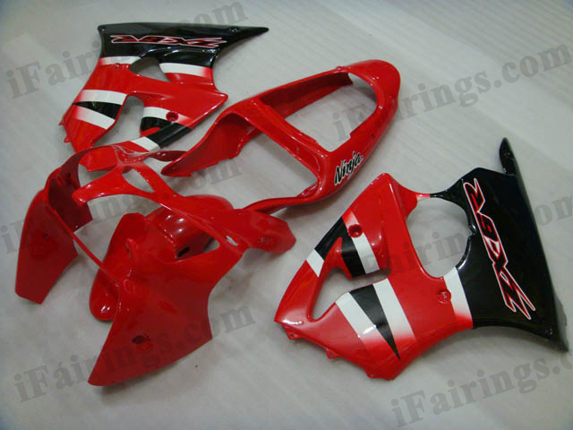 Motorcycle fairings for Kawasaki Ninja ZX6R 2000 2001 2002 factory scheme red and black.