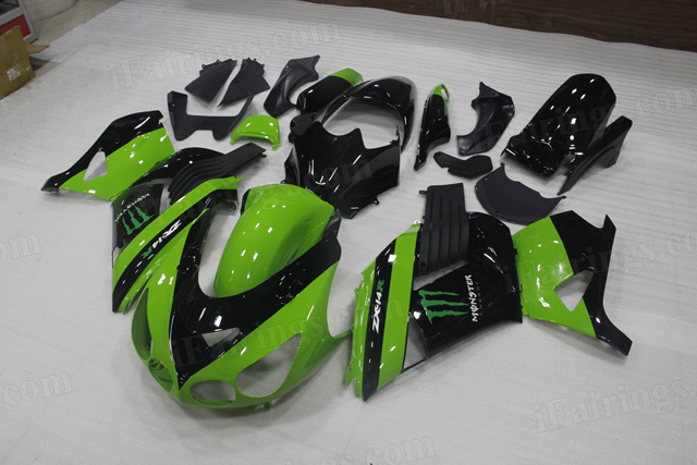 Motorcycle fairings for Kawasaki Ninja ZX14R 2006 to 2011 green/black fairings with monster symbol..
