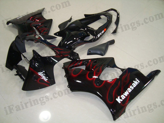 Motorcycle fairings for Kawasaki Ninja ZX6R 2000 2001 2002 black with red flame. - Click Image to Close