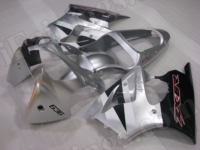 Motorcycle fairings for Kawasaki Ninja ZX6R 2000 2001 2002 silver and black. - Click Image to Close