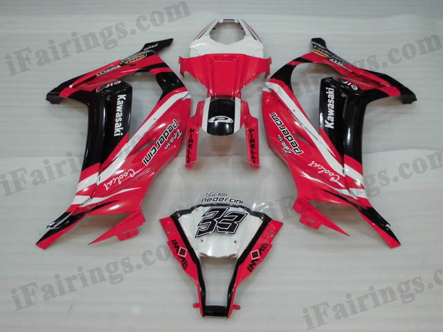 Motorcycle fairings/bodywork for 2011 to 2015 Kawasaki Ninja ZX10R red and black.