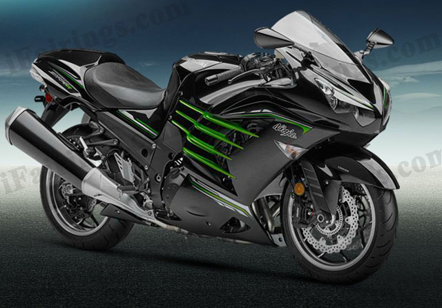Motorcycle fairings/bodywork for Kawasaki Ninja ZX14R 2012 to 2015 black with green side.